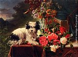 Camellias And A Terrier On A Console